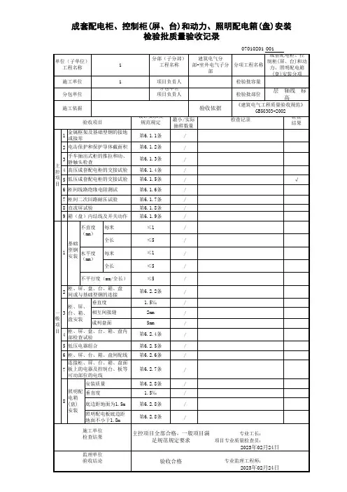 成套配电柜、控制柜(屏、台)和动力、照明配电箱(盘)安装检验批质量验收记录