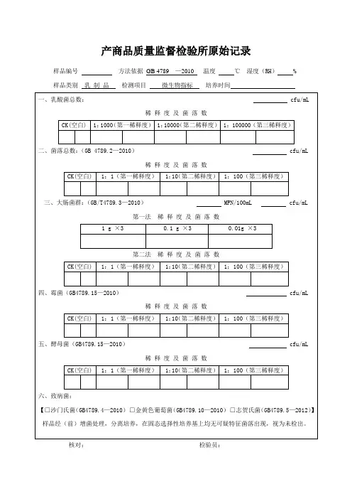 乳制品微生物检测原始记录模板