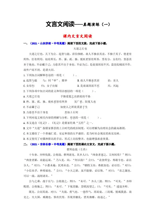 文言文阅读——真题演练(一)中考一轮语文单元复习过过过(部编版)(原卷版)