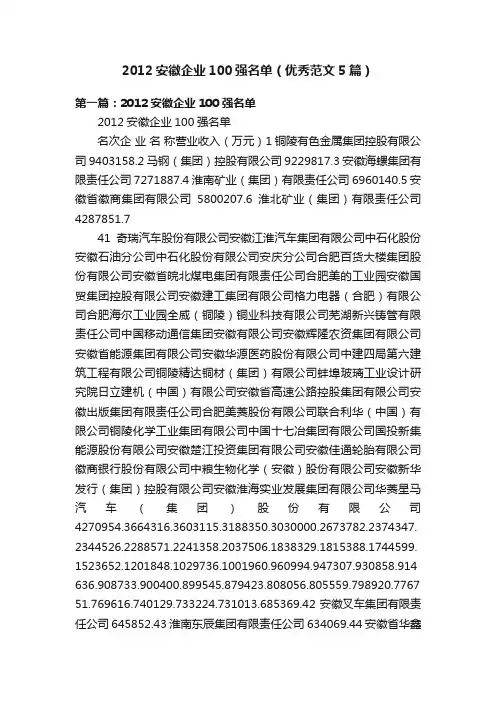 2012安徽企业100强名单（优秀范文5篇）