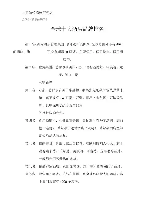全球十大酒店品牌排名