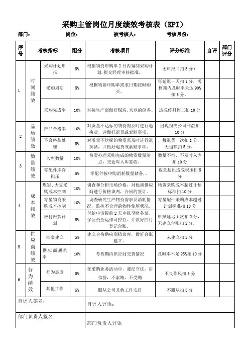 采购部经理岗位月度绩效考核表(KPI)