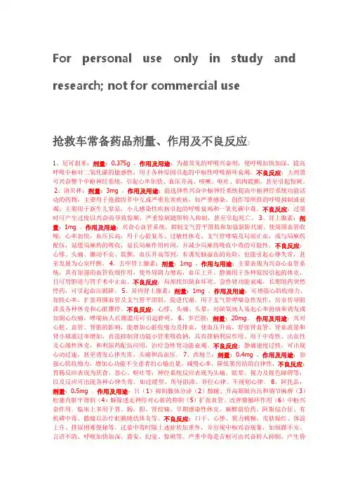 抢救车常备药品剂量、作用及不良反应