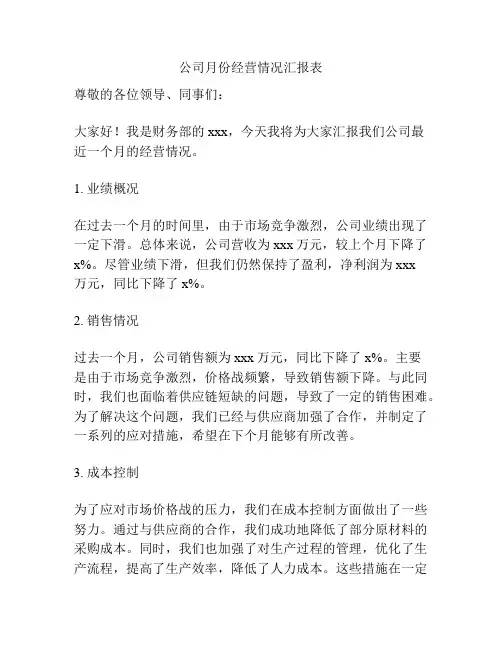 公司月份经营情况汇报表
