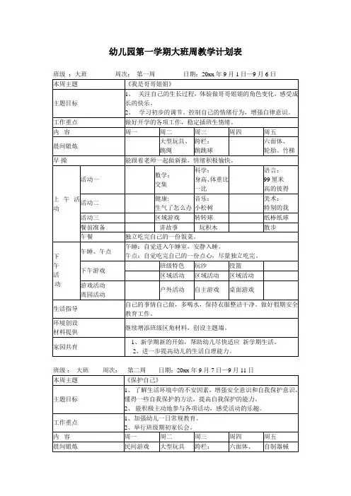 幼儿园大班第一学期周教学计划周表