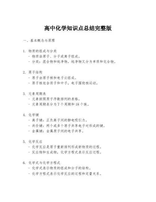 高中化学知识点总结完整版