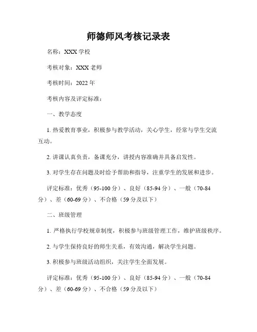 师德师风考核记录表