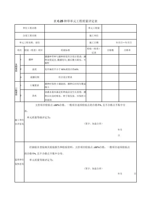 水利工程种草单元工程质量评定表