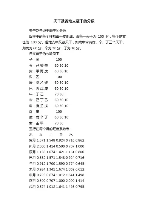 天干及各地支藏干的分数