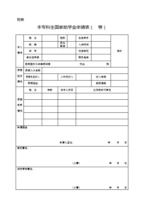 本专科生国家助学金申请表