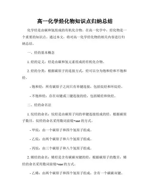 高一化学烃化物知识点归纳总结