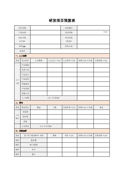研发项目预算表模板