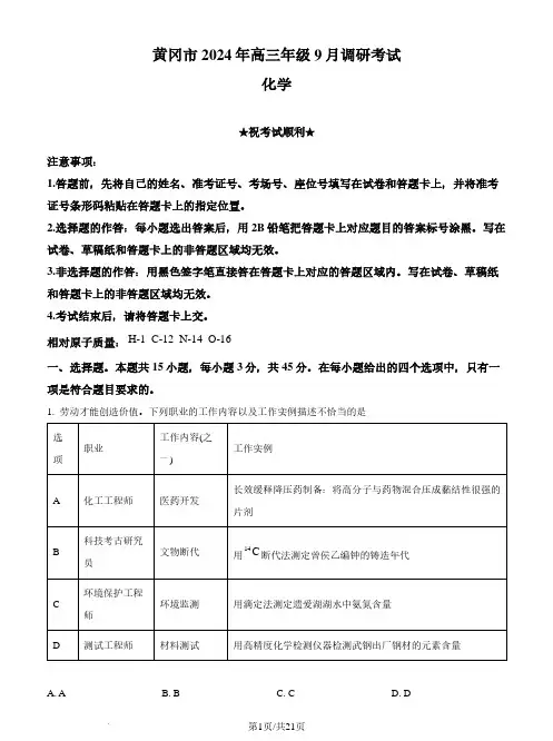 2025届湖北省黄冈市高三上学期9月调研考试一模 化学试题(解析版)