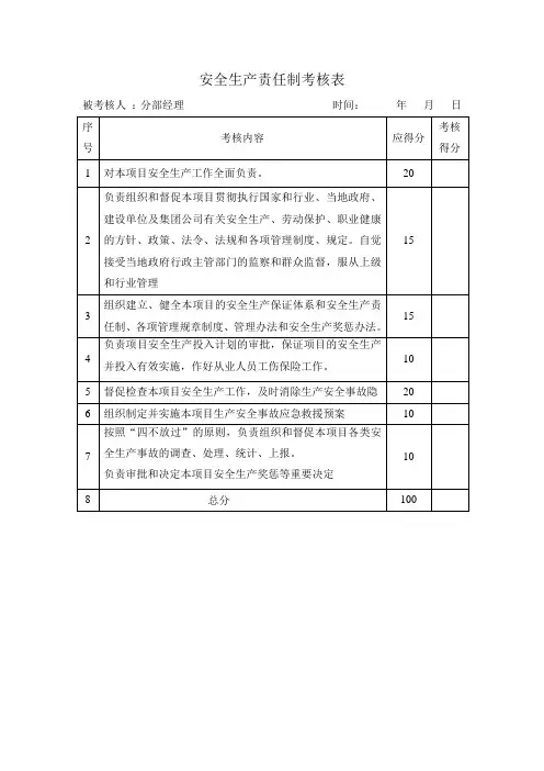 安全生产责任制考核表