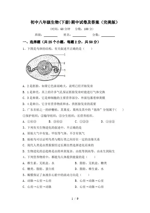 初中八年级生物(下册)期中试卷及答案(完美版)