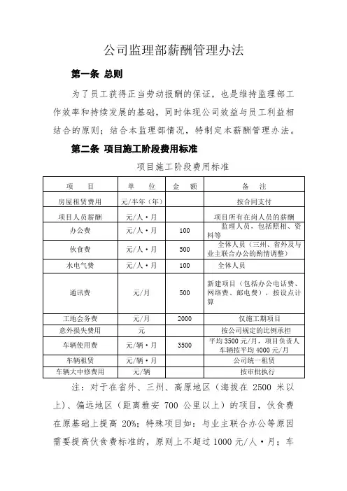 公司监理部薪酬管理办法