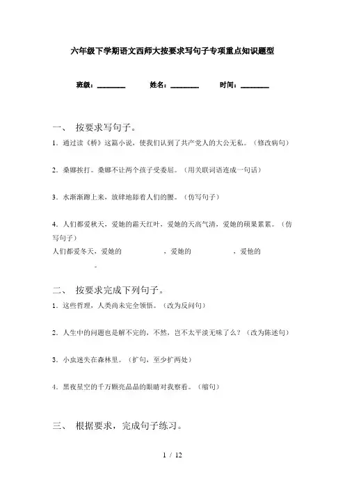 六年级下学期语文西师大按要求写句子专项重点知识题型