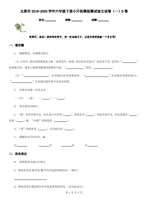 太原市2019-2020学年六年级下册小升初模拟测试语文试卷(一)D卷