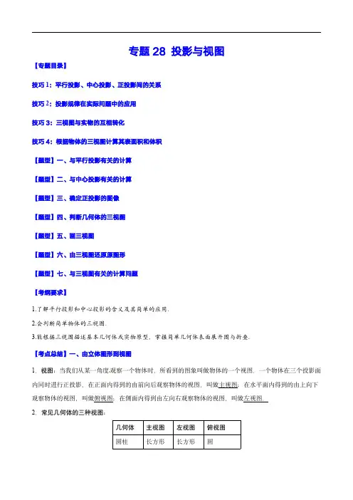 备战2024年中考数学复习之必考点题型全归纳(全国通用)专题28 投影与视图(解析版)
