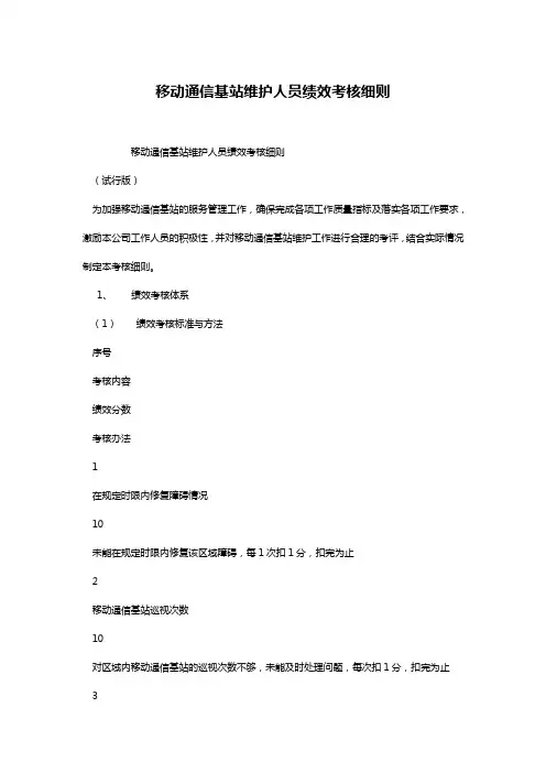移动通信基站维护人员绩效考核细则