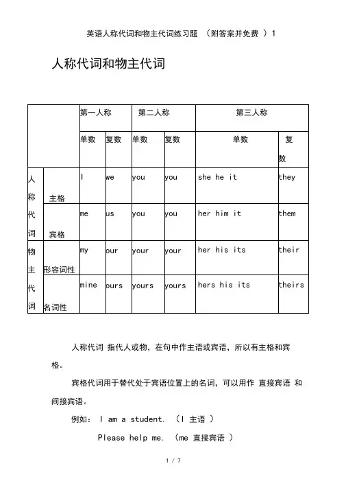 英语人称代词和物主代词练习题(附答案并免费)1