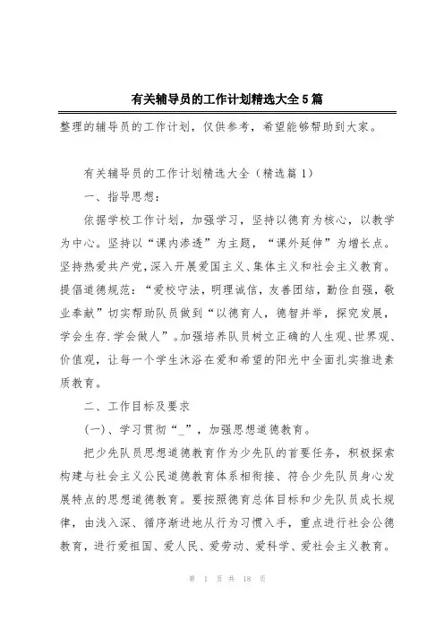 有关辅导员的工作计划精选大全5篇