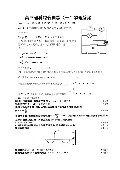 河北省衡水中学微山分校2019届高三理科综合训练题一物理答案