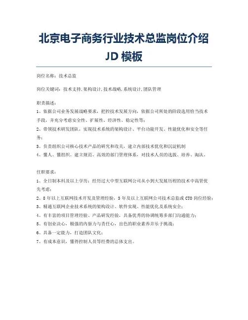 北京电子商务行业技术总监岗位介绍JD模板