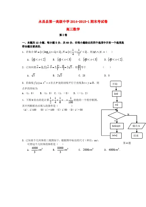 甘肃省永昌县第一中学2015届高三数学上学期期末考试试题文