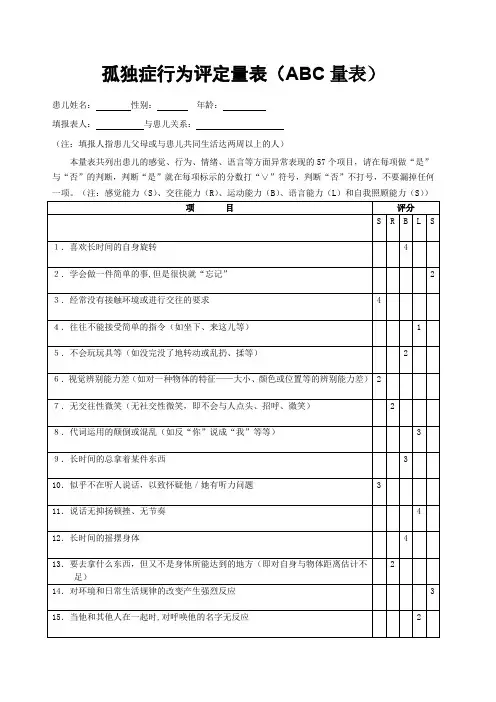 孤独症行为评定量表(ABC量表)