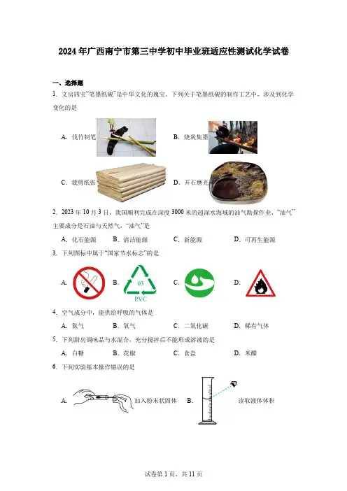 2024年广西南宁市第三中学初中毕业班适应性测试化学试卷