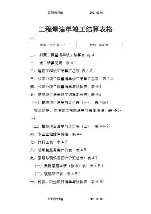 工程清单竣工结算表格之欧阳德创编