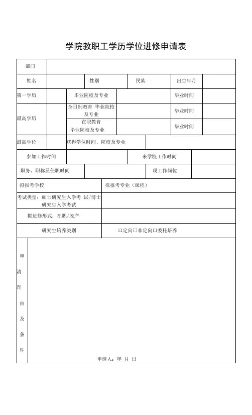 学院教职工进修学习申请表
