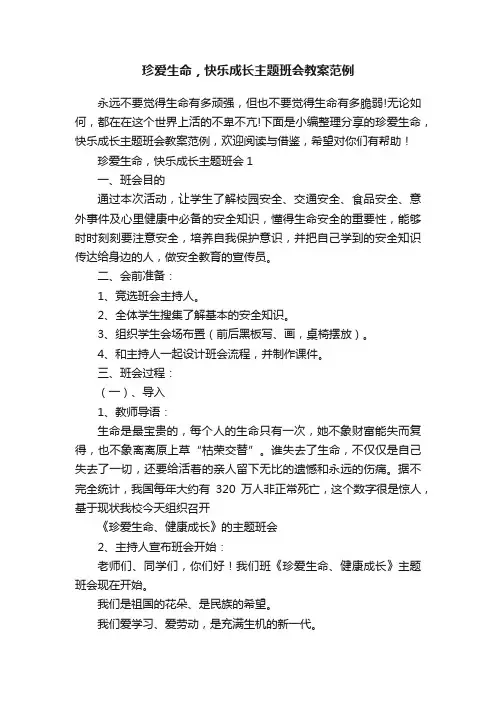 珍爱生命，快乐成长主题班会教案范例