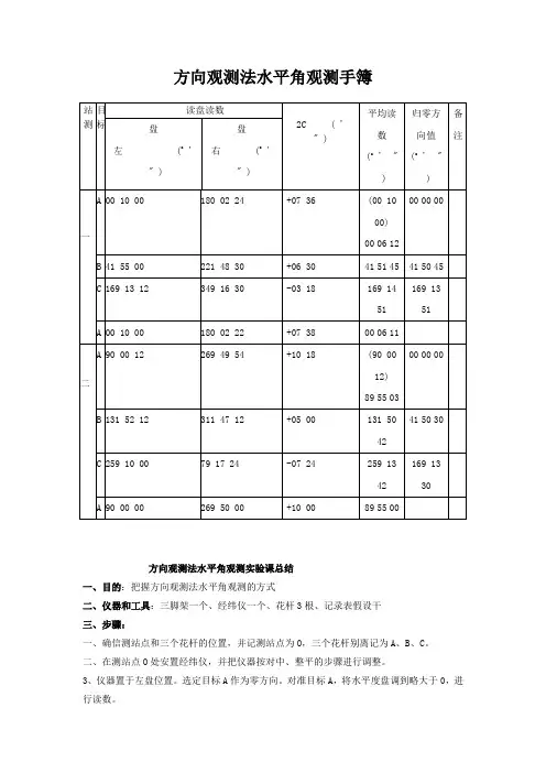 方向观测法水平角观测手簿