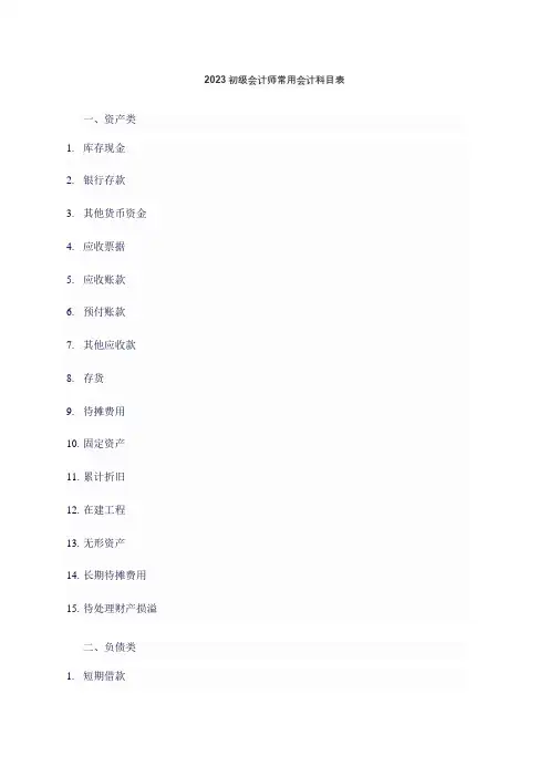 2023初级会计师常用会计科目表