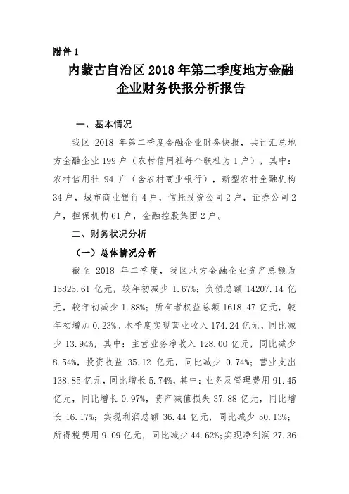 内蒙古自治区2018年第二季度地方金融企业财务快报分析(1)