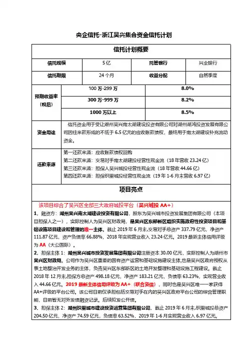 央企信托浙江吴兴集合资金信托计划信托计划概要