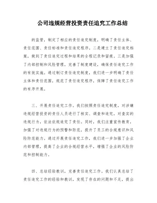 公司违规经营投资责任追究工作总结