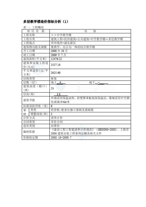 [上海]2009年某6层教学楼造价指标分析