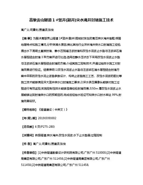 高黎贡山隧道1 #竖井(副井)突水淹井封堵施工技术