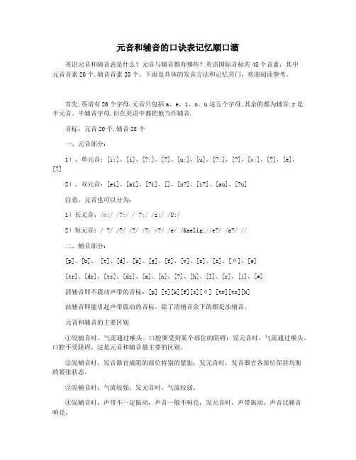 元音和辅音的口诀表记忆顺口溜