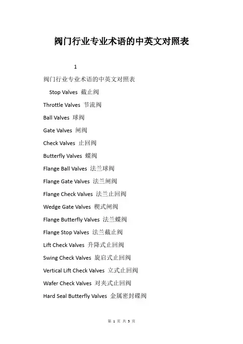 阀门行业专业术语的中英文对照表