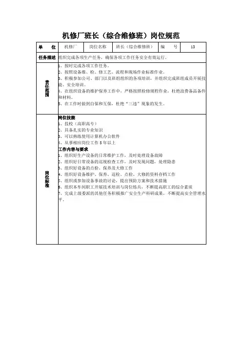 机修厂班长(综合维修班)岗位规范