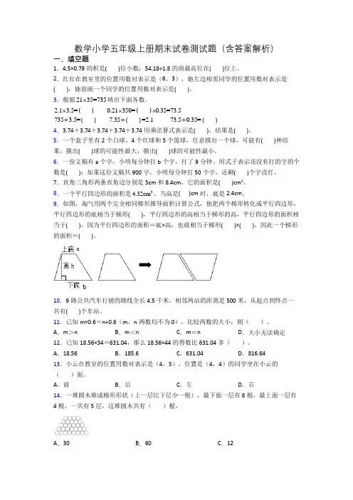 数学小学五年级上册期末试卷测试题(含答案解析)