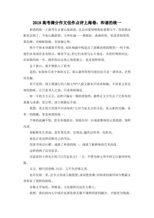 高考作文-2019高考满分作文佳作点评上海卷和谐的统一 精品