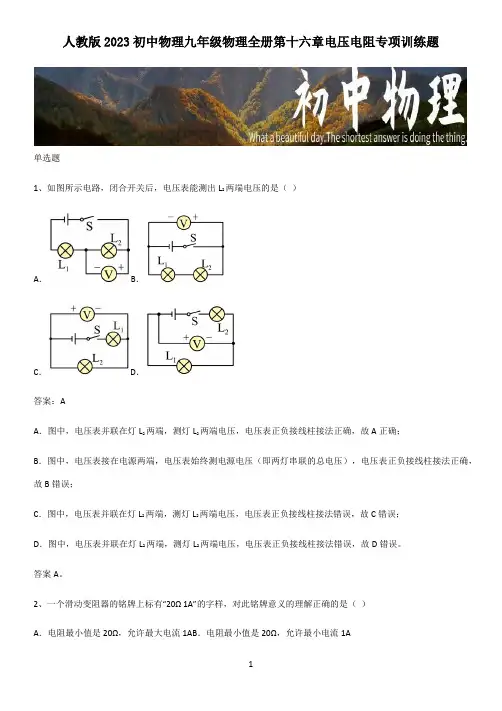 人教版2023初中物理九年级物理全册第十六章电压电阻专项训练题