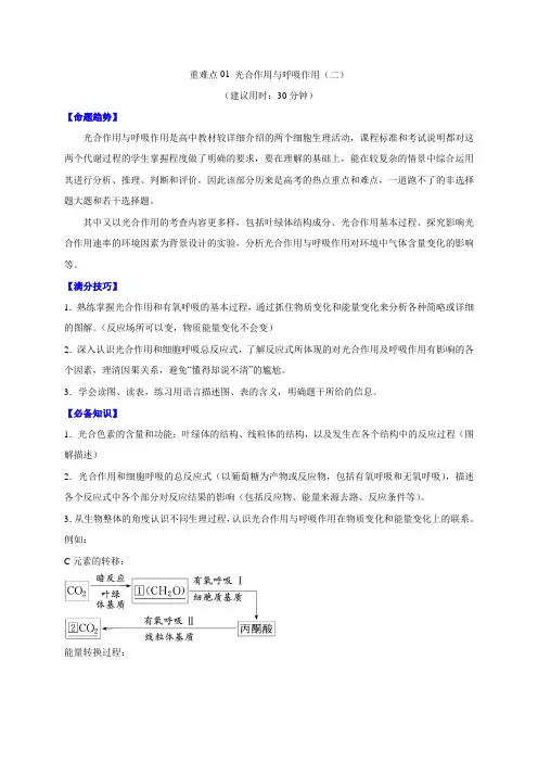 2020高考冲刺生物重难点：光合作用与呼吸作用(二)(附答案解析)