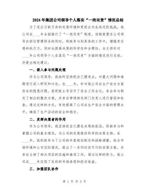 2024年集团公司领导个人落实“一岗双责”情况总结