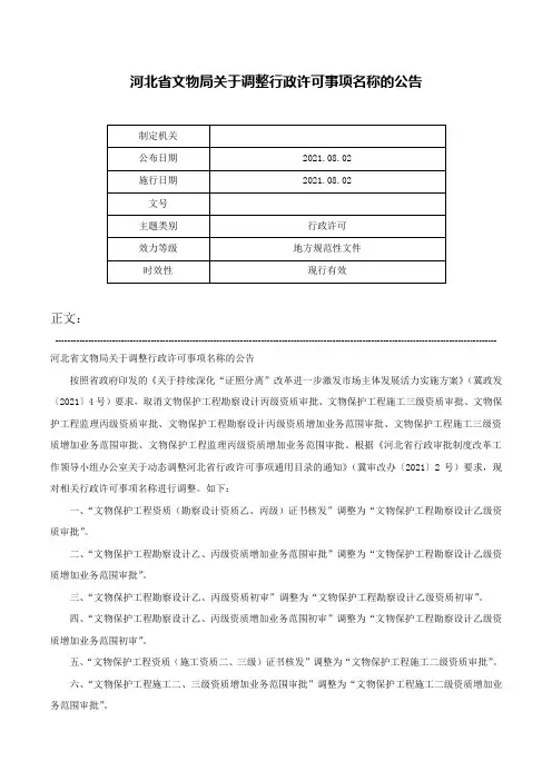 河北省文物局关于调整行政许可事项名称的公告-